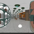 Shopping Mall Store Interior With Orange Walls Green Archways Decorative Lights And Wooden Display Stands