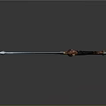 Decorative Blue Blade Sword With Red Markings Ornate Hilt Black Handle And Flame Pommel