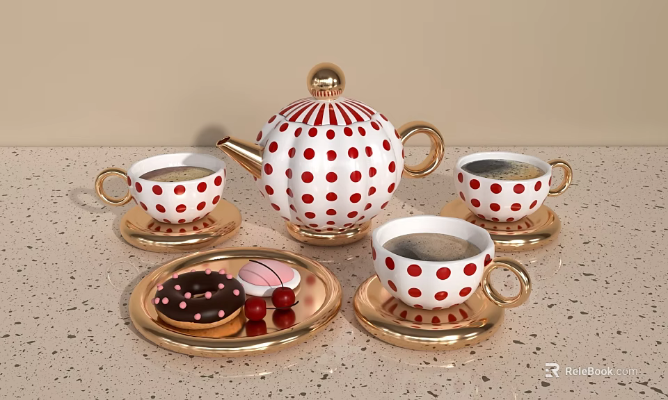 Red and White Polka Dot Tea Set with Gold Trim and Desserts on Table 3d model 