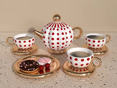 Red and White Polka Dot Tea Set with Gold Trim and Desserts on Table 3d model