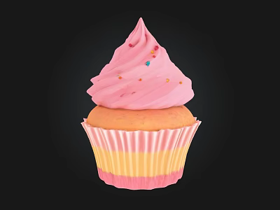 Delicious Cupcake With Pink Swirl Frosting And Colorful Sprinkles In Yellow And Pink Striped Wrapper 3d model