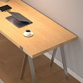 Modern Wooden Office Desk With Metal Legs Beige Chair Silver Lamp Laptop And Coffee Cup