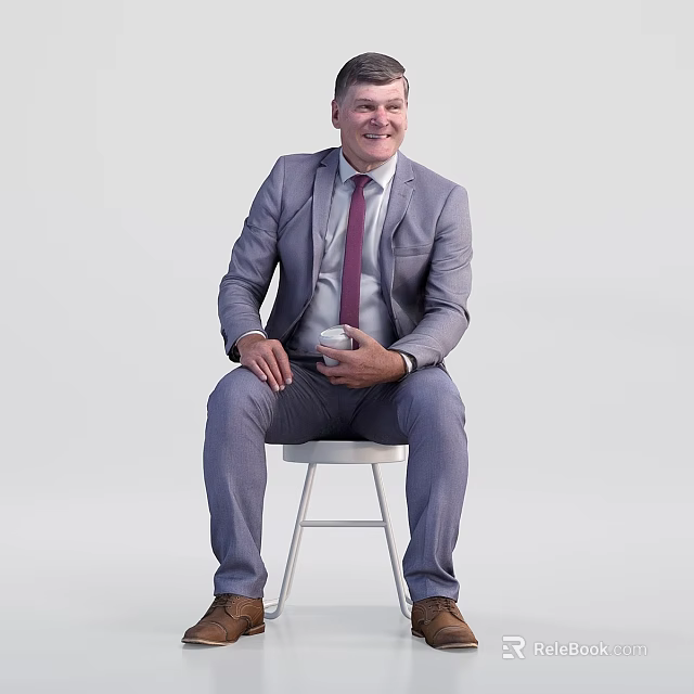 Businessman In Gray Suit Red Tie Sitting On White Stool Holding Coffee Cup 3d model 