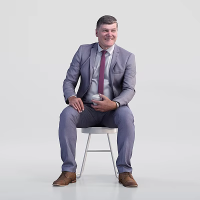 Businessman In Gray Suit Red Tie Sitting On White Stool Holding Coffee Cup 3d model