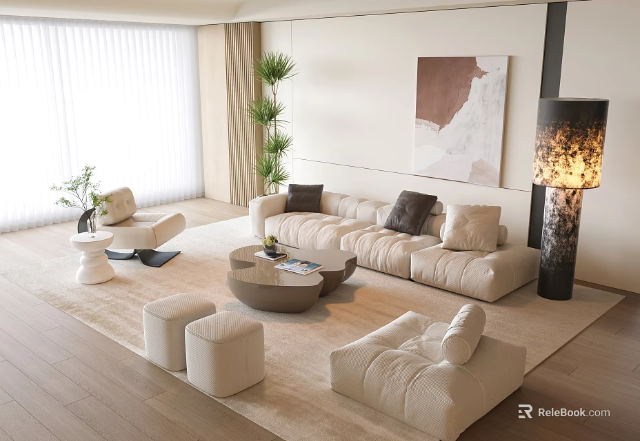 Modern Beige Sofa and Coffee Table Set with Multiple Cushions Ottoman and Decorative Painting 3d model 