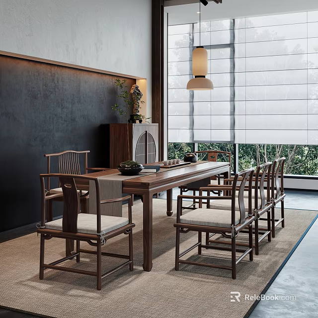 Chinese Style Wooden Tea Table and Chairs in Elegant Interior with Green Plant and Window 3d model 