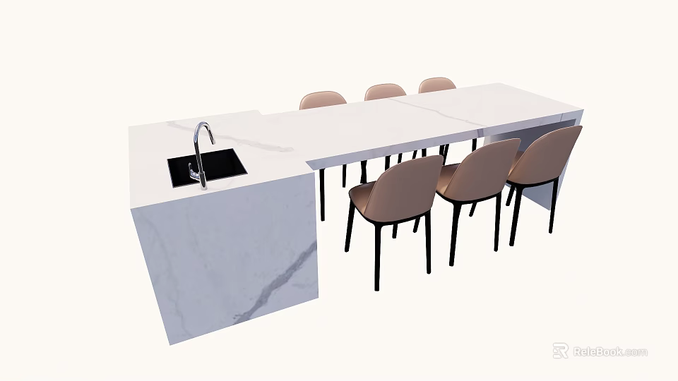 Modern White Marble Dining Table Set With Island Countertop And Beige Chairs 3d model