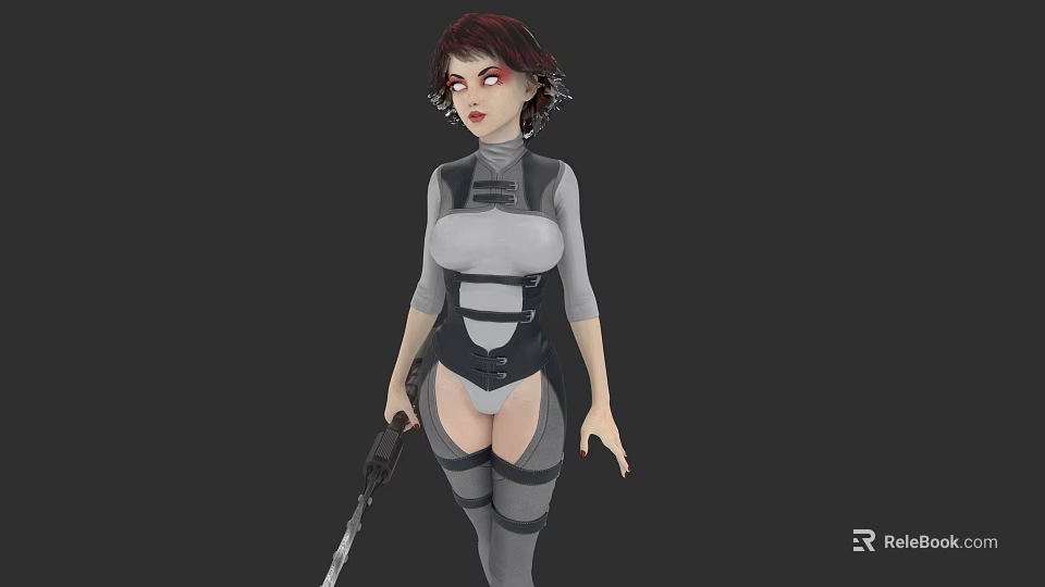 Sci Fi Game Movie Character With Red Eyes Mechanical Earrings Gray Bodysuit And Gun 3d model 