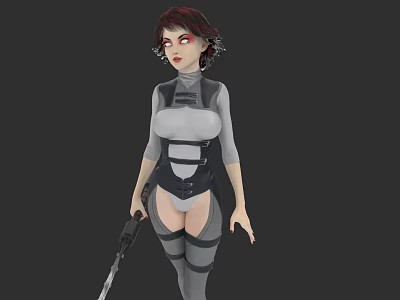 Sci Fi Game Movie Character With Red Eyes Mechanical Earrings Gray Bodysuit And Gun 3d model