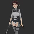 Sci Fi Game Movie Character With Red Eyes Mechanical Earrings Gray Bodysuit And Gun