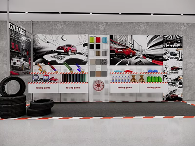 Automotive Exhibition Hall With Tires Color Samples Car Posters And Display Cabinets 3d model