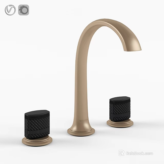 Modern Golden Curved Faucet Featuring Two Black Textured Control Knobs 3d model 