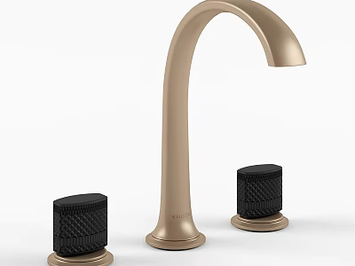 Modern Golden Curved Faucet Featuring Two Black Textured Control Knobs 3d model