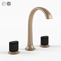 Modern Golden Curved Faucet Featuring Two Black Textured Control Knobs 3d model