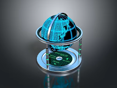 Blue Glowing Globe on Metal Stand with Green Indicator Lights as Living Accessory 3d model