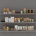 Assorted Food Packaging Products On Gray Shelves With Coffee Items And Containers 3d model