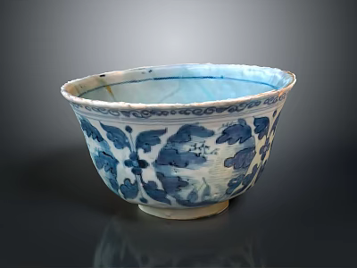 Carved Ceramic Bowl With Blue And White Floral Patterns And Intricate Details 3d model