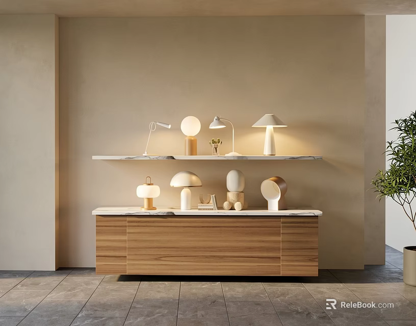 Modern Minimalist Table Lamps on Wooden Cabinet and Shelf in Neutral Toned Interior 3d model 