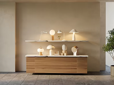 Modern Minimalist Table Lamps on Wooden Cabinet and Shelf in Neutral Toned Interior 3d model