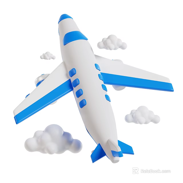 Blue And White Passenger Plane Flying Through White Clouds In Sky 3d model
