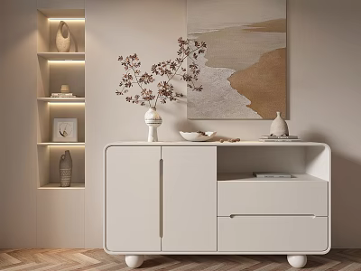 White Entryway Cabinet and Sideboard with Drawers Decorative Shelves Vase and Artwork 3d model