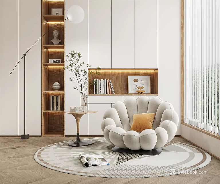 Cozy Modern Single Sofa With Floor Lamp Side Table Bookshelf Accent Rug And Natural Light 3d model 