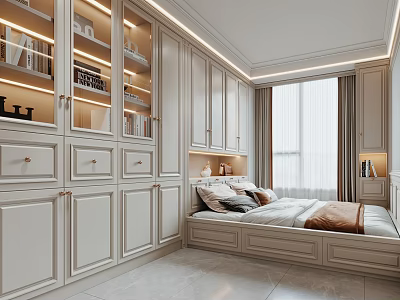 Tatami Bedroom Interior With Modern Minimalist Design White Storage Cabinets Bookshelves And Window Curtains 3d model