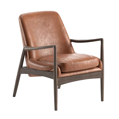 Brown Leather Accent Chair With Wooden Armrests And Modern Frame Design 3d model