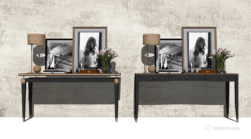 Modern Black Console Table With Drawers And Table Lamp Photo Frames On Textured Wall 3d model