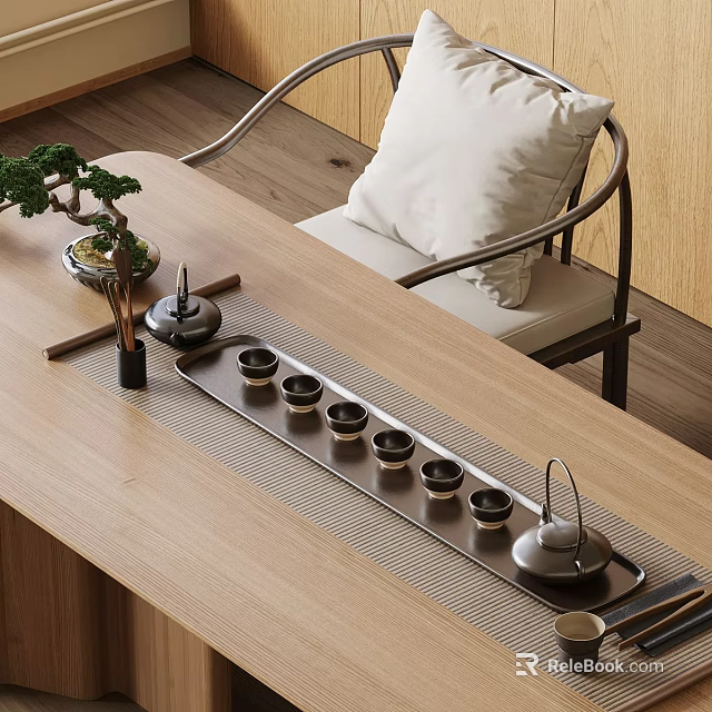 Classic Tea Set With Wooden Tray Ceramic Cups And Teapot On Natural Wooden Table 3d model 