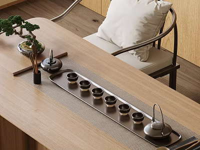 Classic Tea Set With Wooden Tray Ceramic Cups And Teapot On Natural Wooden Table 3d model