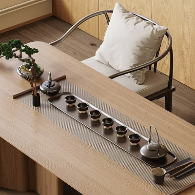 Classic Tea Set With Wooden Tray Ceramic Cups And Teapot On Natural Wooden Table 3d model