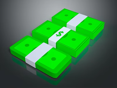Green Bundles of Money Tied with White Bands and Dollar Signs Stacked on Dark Surface 3d model
