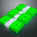 Green Bundles of Money Tied with White Bands and Dollar Signs Stacked on Dark Surface