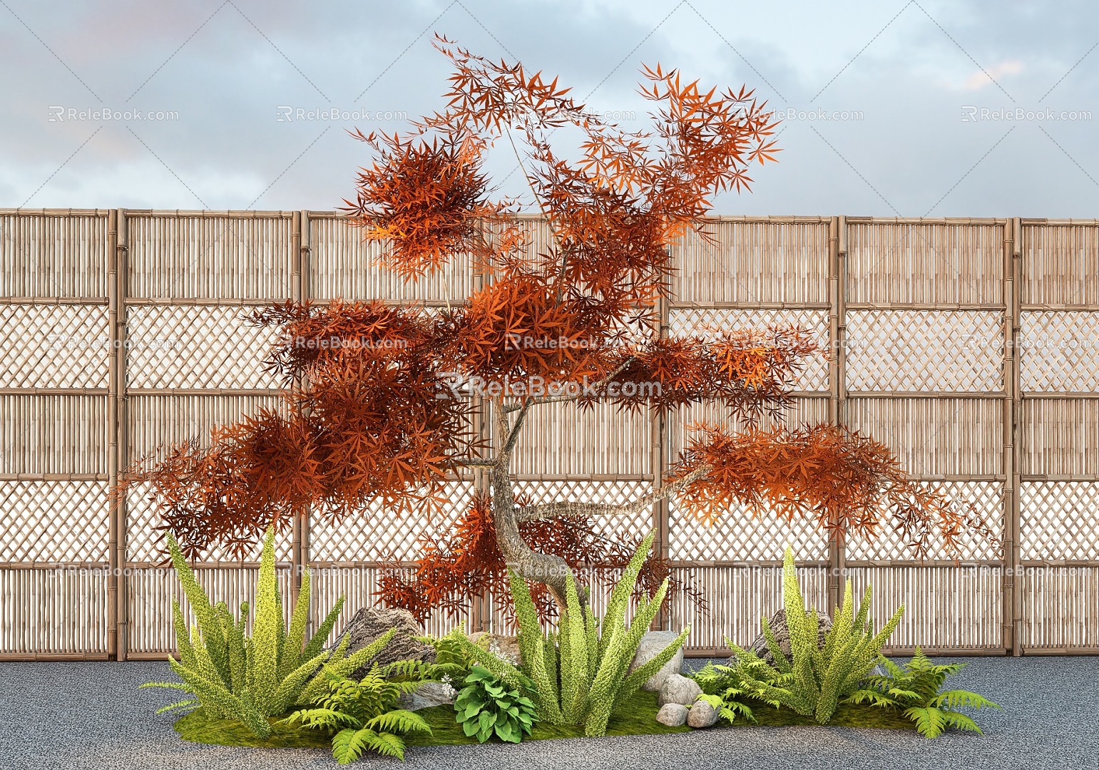 Modern Flower Mirror Shape Red Maple Fox Tail Asparagus Plant Grass 3d model