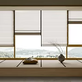 White Roman Curtains In Wooden Window With Decorative Vase On Sill And Mountain View