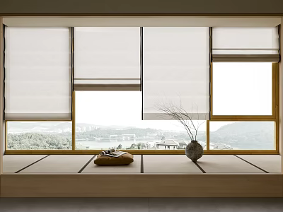 White Roman Curtains In Wooden Window With Decorative Vase On Sill And Mountain View 3d model
