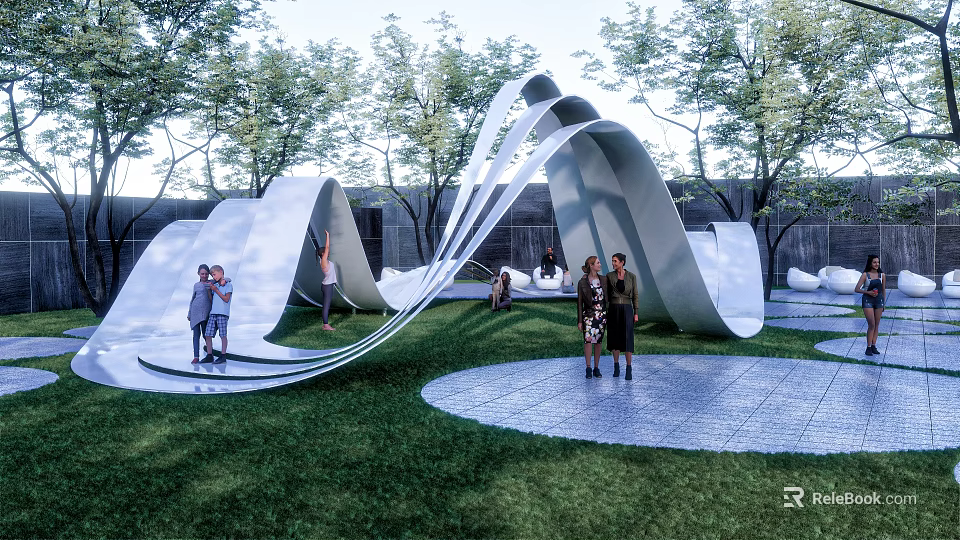 Outdoor Modern Curved Pergola Structure in Grass Area with People Standing 3d model 