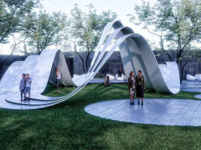Outdoor Modern Curved Pergola Structure in Grass Area with People Standing 3d model