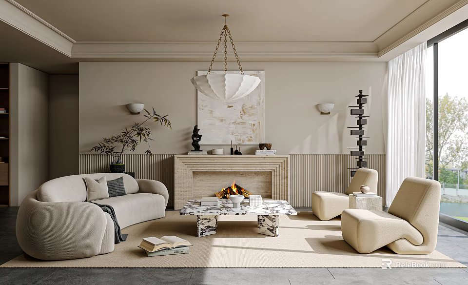 Modern Living Room Interior With Light Beige Sofa Fireplace Marble Coffee Table And Chandelier 3d model 