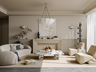 Modern Living Room Interior With Light Beige Sofa Fireplace Marble Coffee Table And Chandelier 3d model