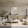 Modern Living Room Interior With Light Beige Sofa Fireplace Marble Coffee Table And Chandelier