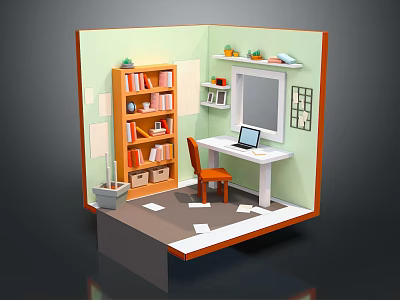 Cartoon Style Study Room With Green Walls Bookcase Desk Laptop Orange Chair And Scattered Papers 3d model