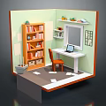Cartoon Style Study Room With Green Walls Bookcase Desk Laptop Orange Chair And Scattered Papers