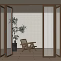 Wooden Folding Doors In Modern Interior With Plant Chair And Window Blinds