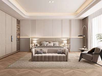 Modern Bedroom Interior With Bed Wall Lights Area Rug Herringbone Floor And Curtains 3d model