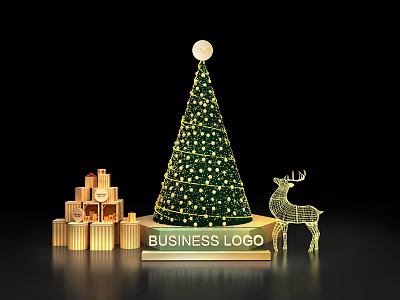 Festive Christmas Tree With Golden Gifts Deer Ornament And Business Logo 3d model
