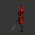 Red Fantasy Warrior Armor With Flame Design Horned Helmet And Sword