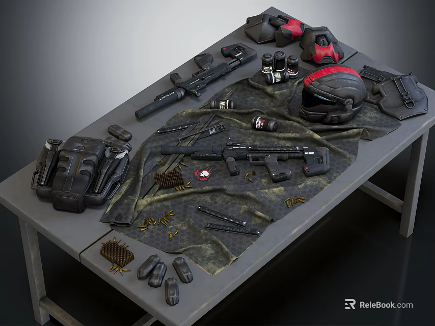 Tactical Weapons And Gear Display With Guns Helmet Backpack And Ammunition 3d model 