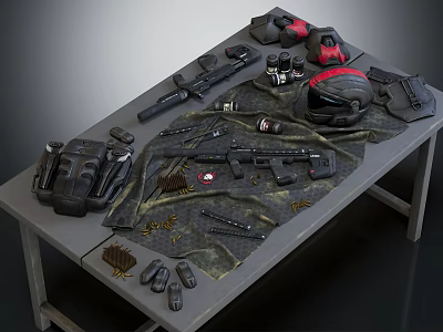 Tactical Weapons And Gear Display With Guns Helmet Backpack And Ammunition 3d model